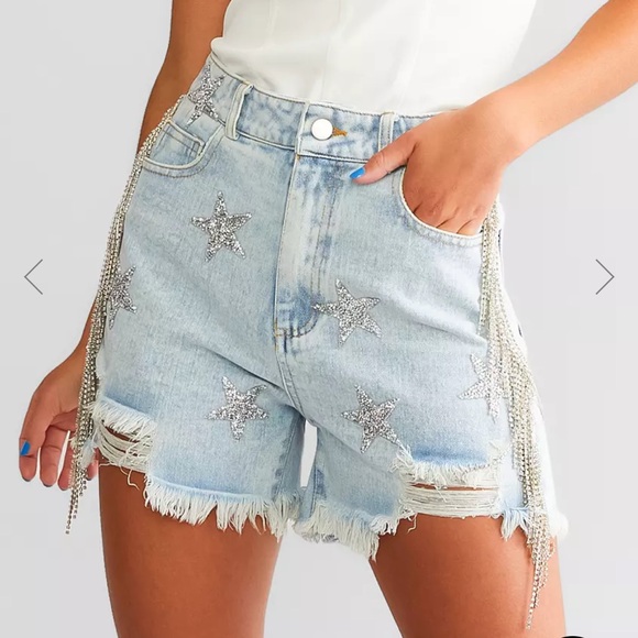 Blue B/Buckle Ultra High Rise Rhinestone Fringe Short - Picture 1 of 4